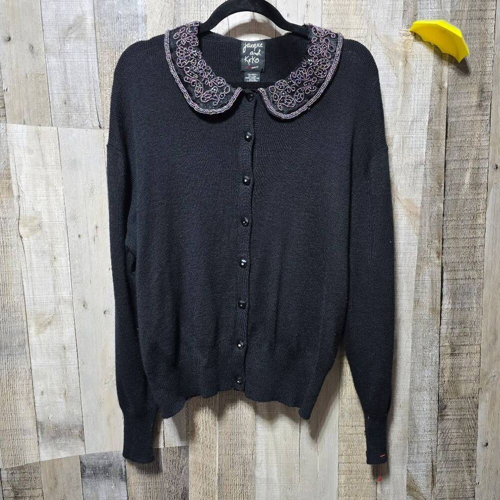 Jacque and Koko Vintage 90s Black Beaded Peter Pan Cardigan Sweater 1x Preppy